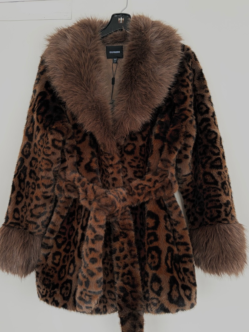 Express Brown Leopard-Print Faux Fur Pea Coat women’s